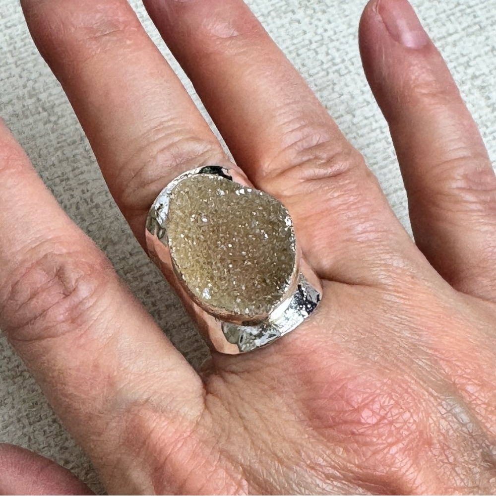 Druzy Silver Tone Adjustable Ring